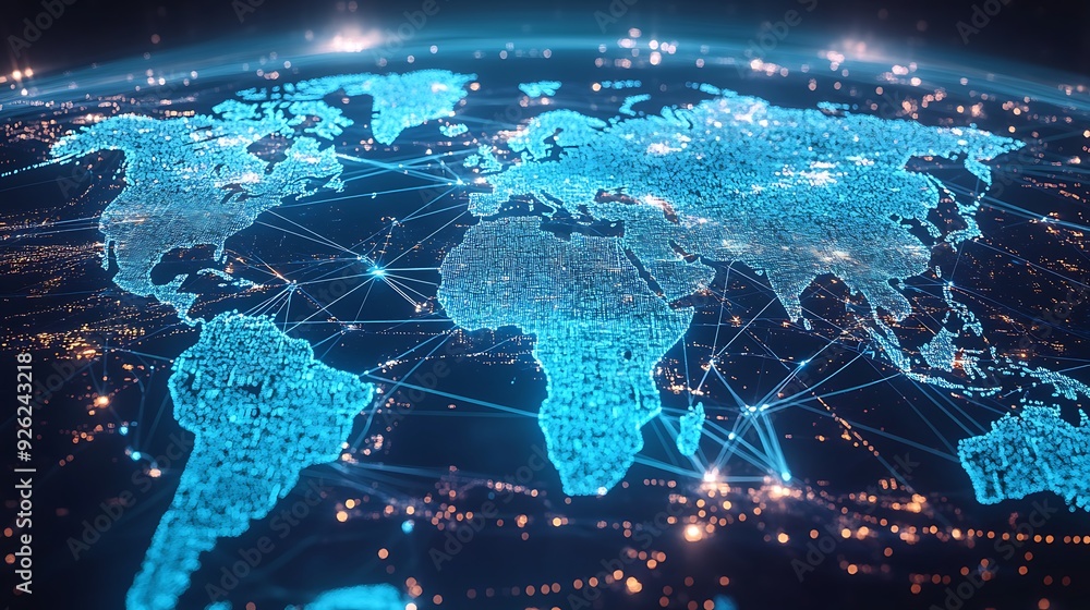 Poster global connectivity: a digital map highlighting the interconnected world through network lines and d