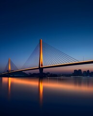 Fototapeta premium A stunning depiction of the Octávio Frias de Oliveira Bridge illuminated against the night cityscape, with its X-shaped towers and cables glowing in vibrant colors for a dazzling effect.