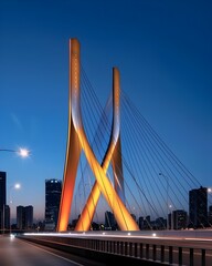 Fototapeta premium A stunning depiction of the Octávio Frias de Oliveira Bridge illuminated against the night cityscape, with its X-shaped towers and cables glowing in vibrant colors for a dazzling effect.