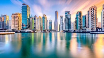 Stunning Reflections of a Modern Cityscape at Dusk: Vibrant Colors and Sleek Skyscrapers