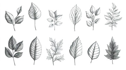 Obraz premium Set of Various Hand-Drawn Leaves on a White Background