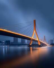 A stunning depiction of the Oct&aacute;vio Frias de Oliveira Bridge illuminated against the night cityscape, with its X-shaped towers and cables glowing in vibrant colors for a dazzling effect.