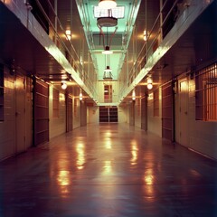 The pristine, symmetrical hallway of a correctional facility is elegantly captured, with glowing lights and glossy floors emphasizing its sterile orderliness.
