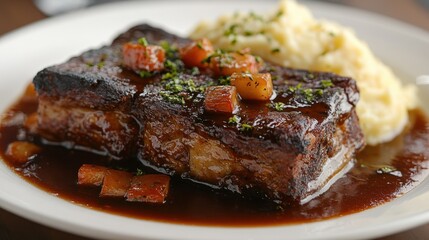 Succulent Braised Short Ribs with Rich Sauce and Creamy Mashed Potatoes on White Plate