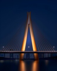 Obraz premium A stunning depiction of the Octávio Frias de Oliveira Bridge illuminated against the night cityscape, with its X-shaped towers and cables glowing in vibrant colors for a dazzling effect.