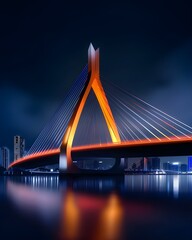 Obraz premium A stunning depiction of the Octávio Frias de Oliveira Bridge illuminated against the night cityscape, with its X-shaped towers and cables glowing in vibrant colors for a dazzling effect.