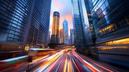 Fototapeta premium Vibrant City Life: Capturing the Motion of Traffic in a Stunning Urban Skyline