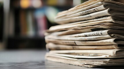 Professional Journalists Working with Stack of Newspapers Closeup
