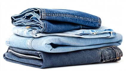 Variety of Folded Jeans Stacks Isolated on White Background