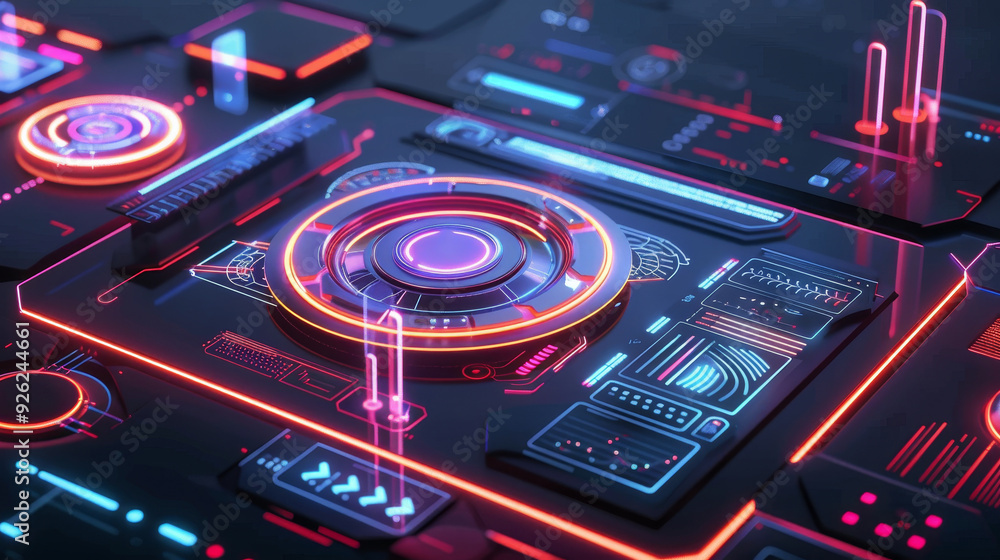 Poster futuristic digital interface featuring glowing buttons and controls in vibrant neon colors, ideal fo