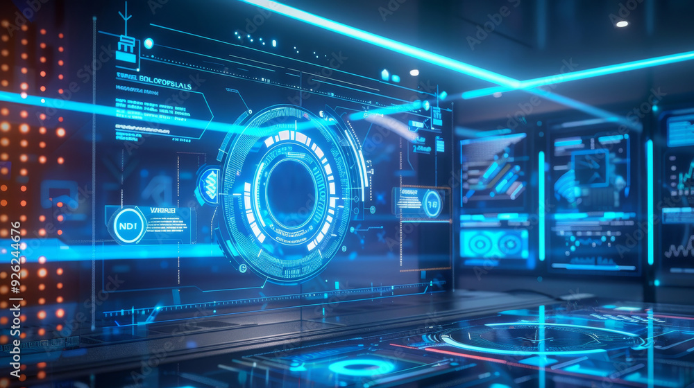 Poster futuristic digital interface with glowing holographic displays and advanced technology in a sleek en