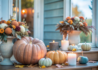 Autumn Porch Decor with Pumpkins, Candles, and Floral Arrangements