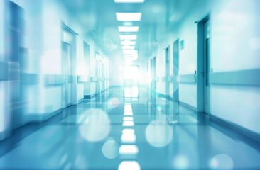 Abstract Blurred Hospital Corridor with Digital Data and Blue Hues.