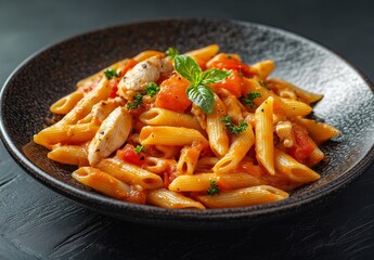 Pasta with tomato sauce and chicken on a dark plate, viewed from the side. A traditional Italian pasta dish made from penne or conchiglie pasta in a hot ceramic bowl decorated with fresh vegetables, t