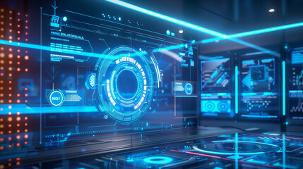 Futuristic digital interface with glowing holographic displays and advanced technology in a sleek environment.