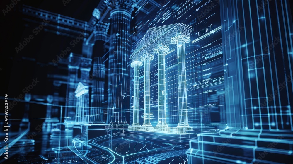 Poster Futuristic visualization of a digital building with glowing columns and data flow, symbolizing technology and architecture.