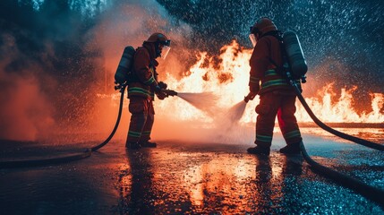 Fototapeta premium Professional photo Firefighter training., Firefighter using water and fire extinguisher to fight fire 