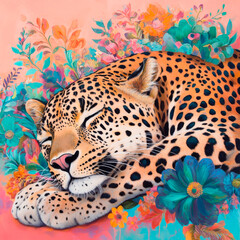 Naklejka premium Schlafender Leopard mit Blumen