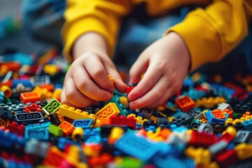 A child is playing with a large pile of colorful toys