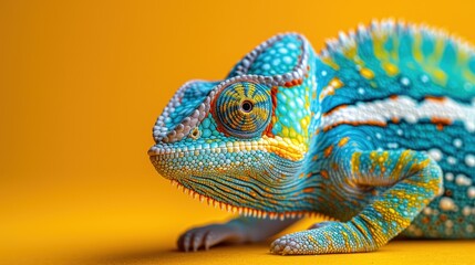 Obraz premium Colorful chameleon on a bright yellow background, showcasing its vibrant skin patterns and textures during the day