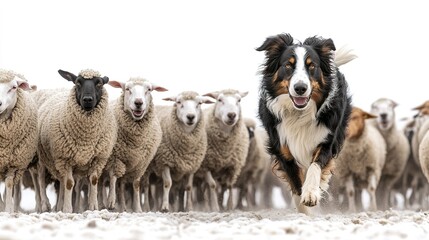 Sheepdog Herding Sheep Across a Field on a White Background, Showcasing Focus and Precision
