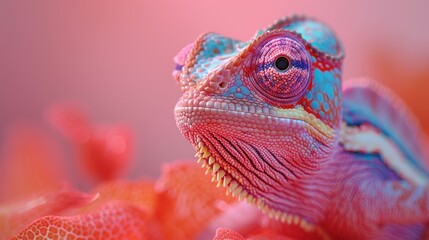 Obraz premium Colorful chameleon perched on vibrant foliage in a lush environment during daylight