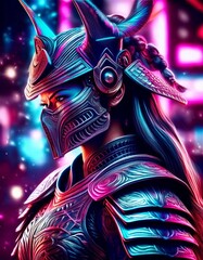 portrait illustration of a female samurai wearing samurai clothes complete with face covering, neon effect