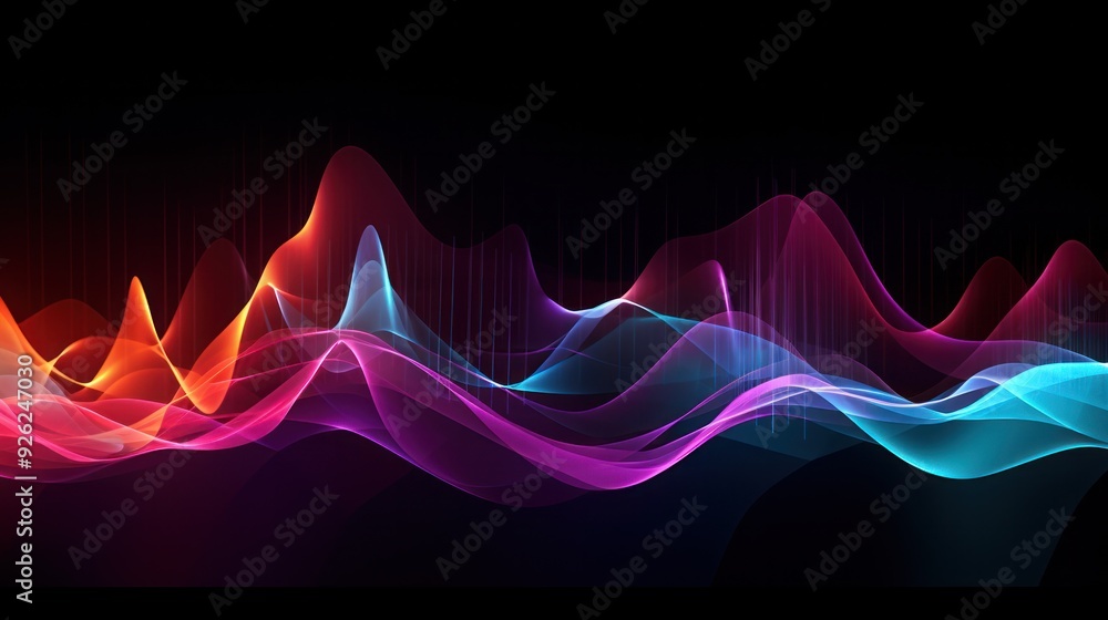 Poster an abstract representation of sound waves with a futuristic design featuring sharp,