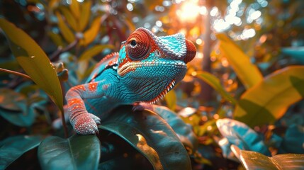 A vibrant chameleon perched on a leaf in a lush rainforest during golden hour