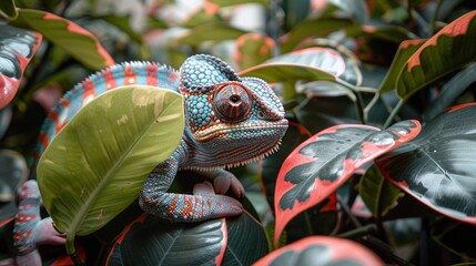Colorful chameleon resting among vibrant tropical leaves in a lush garden during daylight