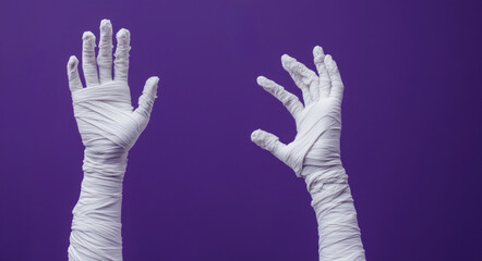 Mummified halloween hands wrapped in bandages against a purple background. Happy halloween banner