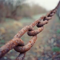 Fototapeta premium A close-up shot of a rusty chain links extending into a blurred outdoor background, portraying strength and weathered history.