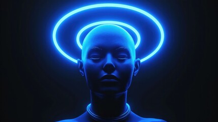 Obraz premium Futuristic bust with a glowing halo above its head against a dark background, symbolizing enlightenment and technology