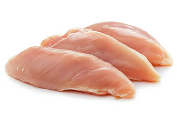 Three raw chicken breasts are showcased on white background, ready for cooking and meal preparation