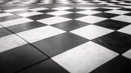 Checkerboard Floor: A close-up perspective of a classic black and white checkerboard floor, showcasing the intricate pattern and textured surface.  