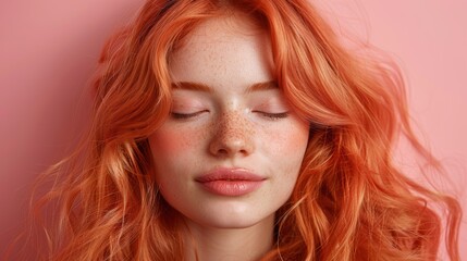 Naklejka premium Young woman with vibrant orange hair and freckles posing against a soft pink background during daylight