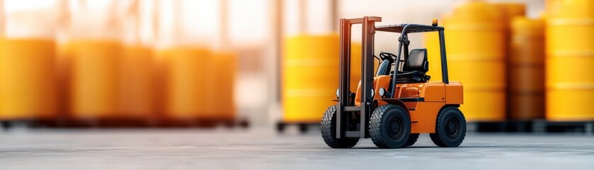 A vibrant orange forklift is positioned in a warehouse setting, surrounded by yellow storage barrels, showcasing industrial efficiency.