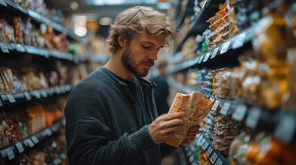 A young man in a supermarket aisle carefully reads a product label with a thoughtful expression. 