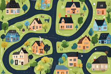 A whimsical illustration of a neighborhood with houses, roads, and trees.