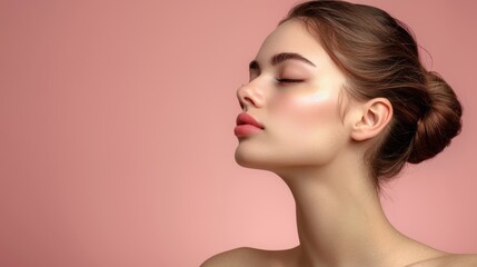 Naklejka premium A young woman poses gracefully with her eyes closed against a soft pink background, showcasing natural beauty and elegance