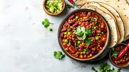 Delicious Chili Con Carne with Tortillas on Light Table
