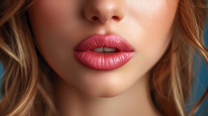 Fototapeta premium Close-up of a woman's lips showcasing a soft pink lip color against a blurred background