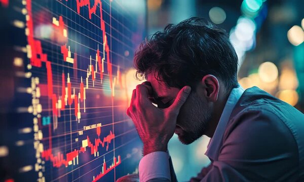 Business failure and unemployment problems from the economic crisis. Stressed businessman sits in panic digital stock market financial background. Stock market and global economic inflation recession