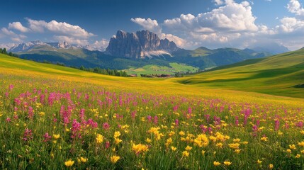 Mountain Meadow with Blooming Flowers