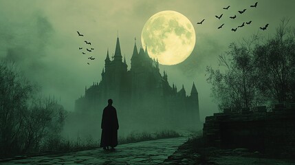 A 3D image of a vampire standing in front of a gothic castle