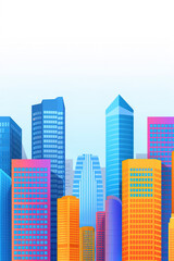 Colorful city skyline illustration with modern skyscrapers reaching for the sky