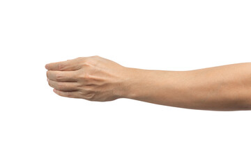 Man hand show holding something like a bottle isolated on white background. side view. Clipping...