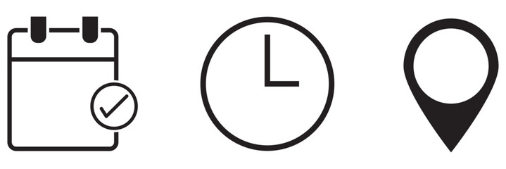 Time, address, and date icon vector in flat style. Clock, pin map location, and calendar sign symbol