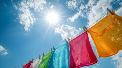 Vibrant towels dry on a clothesline, basking in the warm sunlight against a backdrop of fluffy white clouds and a blue sky