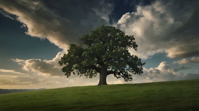 A lone oak tree standing tall on a grassy hill with a dramatic sky full of rolling clouds in the background - Powered by Adobe